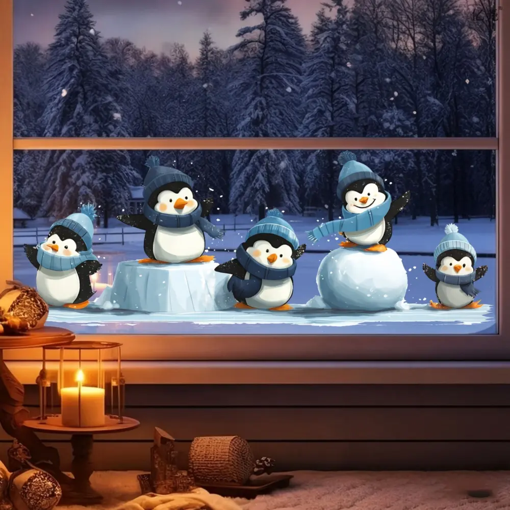 1Pc Cute Cartoon Style Penguin Snowman Scene Irregular Static Window Clings Window Stickers Winter Snowy Forest Landscape For Living Room Bedroom Glass Door Christmas Festival Decoration