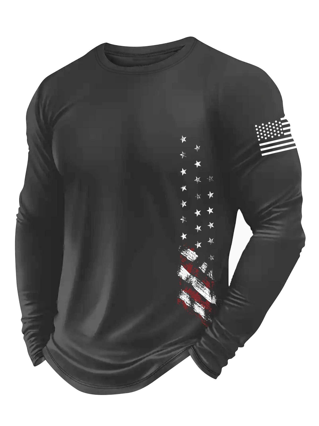 Men's American Flag Print Graphic Round Neck Long Sleeve Tee, Regular Fit Fitted Casual Crew Neck T-shirt for Fall & Winter, Men's Top for Daily Wear