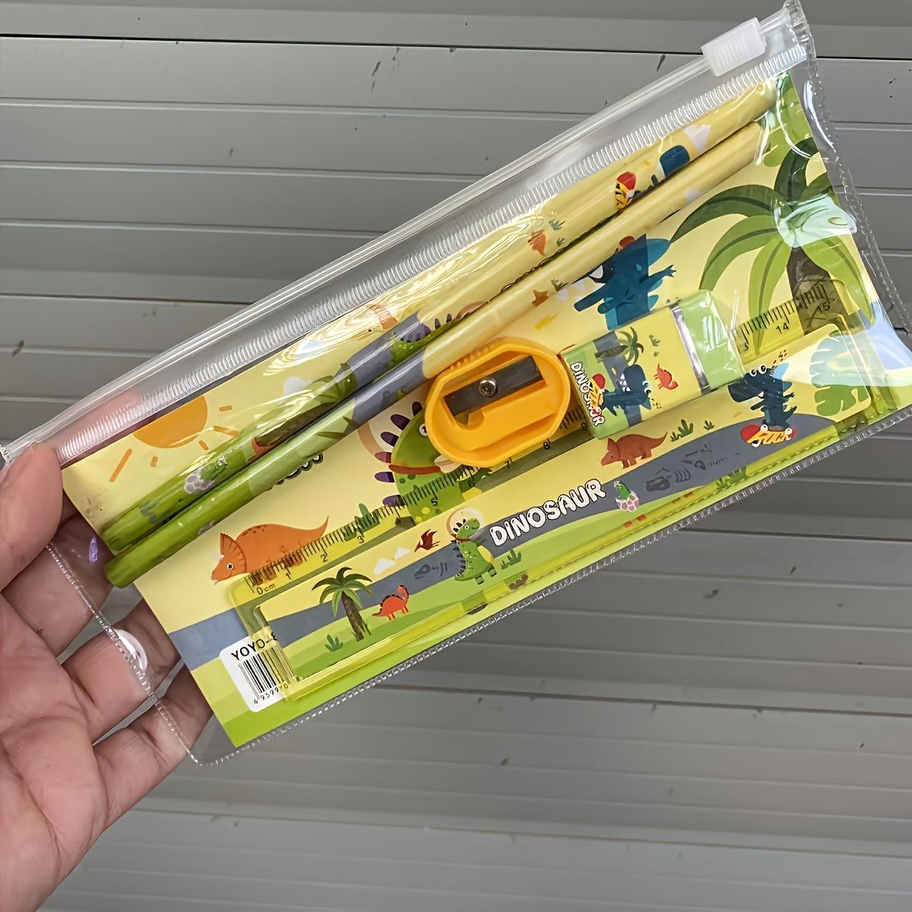 5-piece cute animal themed stationery set, 2 pencils, 1 eraser, 1 pencil sharpener, 1 ruler, portable gift box, suitable for school and graduation, school supplies | joyful design | durable plastic box, school supply set