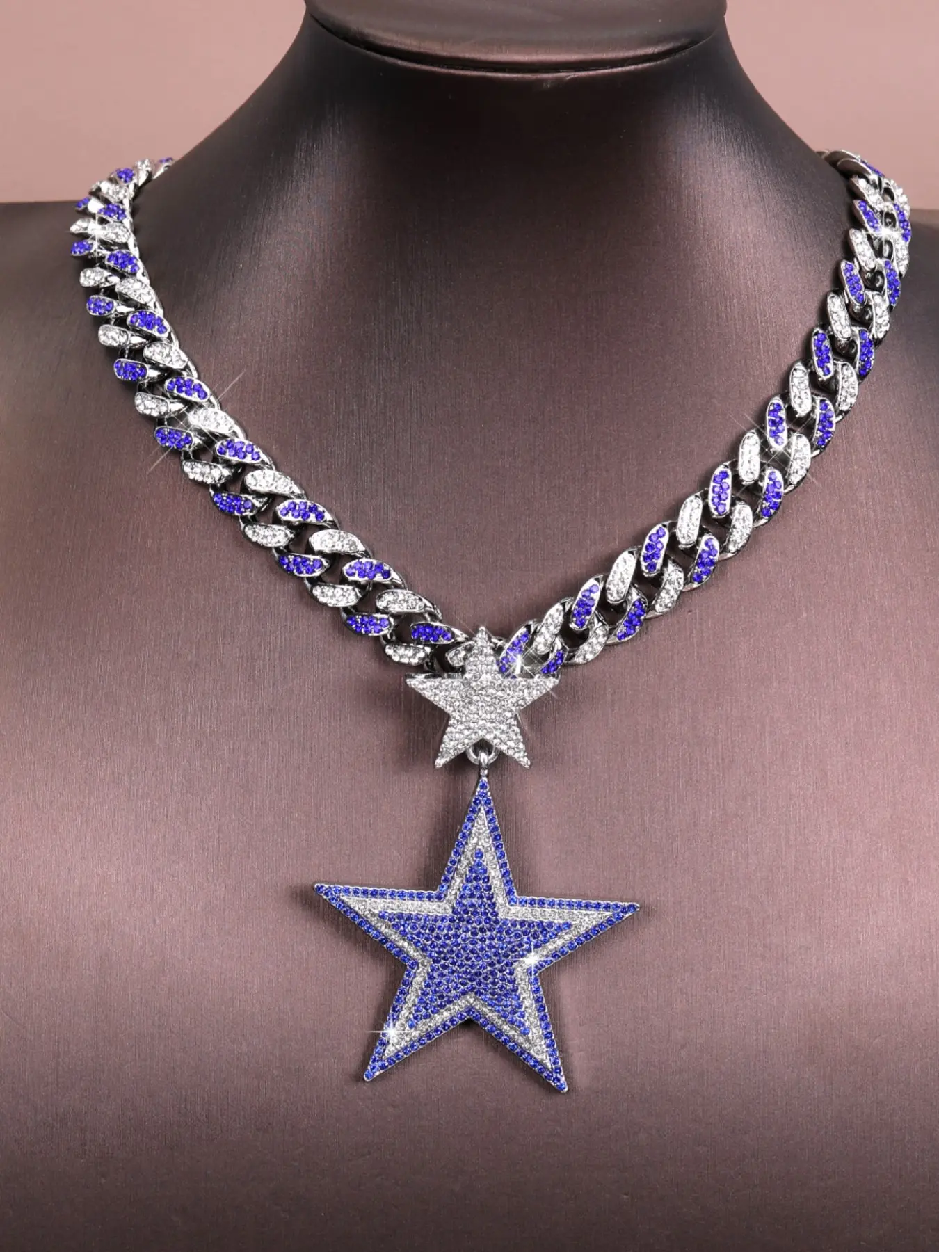 Deep Blue Star Necklace Set, Fashionable Low-Key Zinc Alloy Rhinestone Jewelry, Street Dance Style, Elegant and Subtle, 1 Set