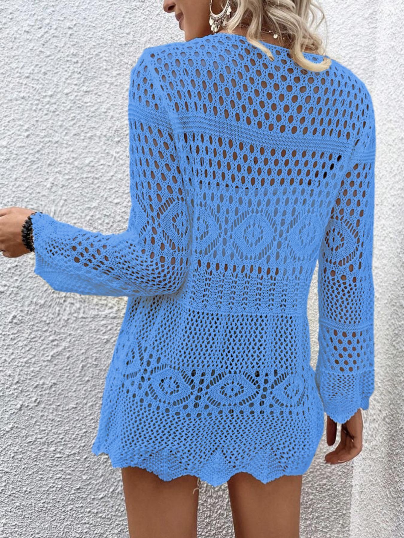 Women's Solid Color Hollow Out Tie Front Crochet Cardigan, Casual Long Sleeve Knitwear for Summer, Fashion Women's Knit Clothing for Daily Wear, Knitting