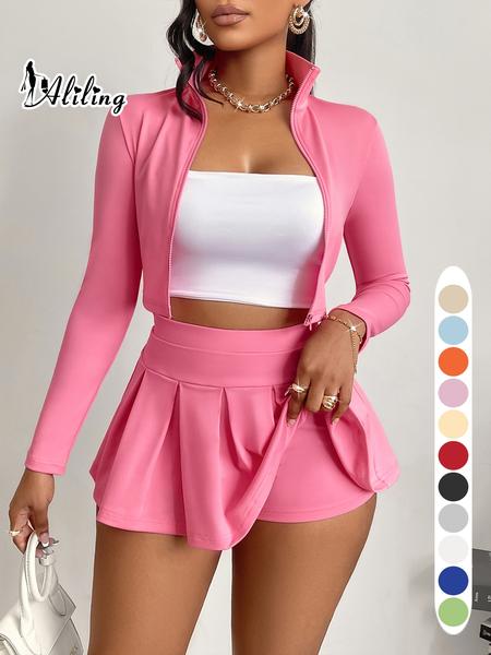 Aliling Casual Women's Two-Piece Set, Spring & Fall Long Sleeve Zipper Crop Top, High Waist Short Pleated Skirt, Slim-Fitting Crop Top and Skirt