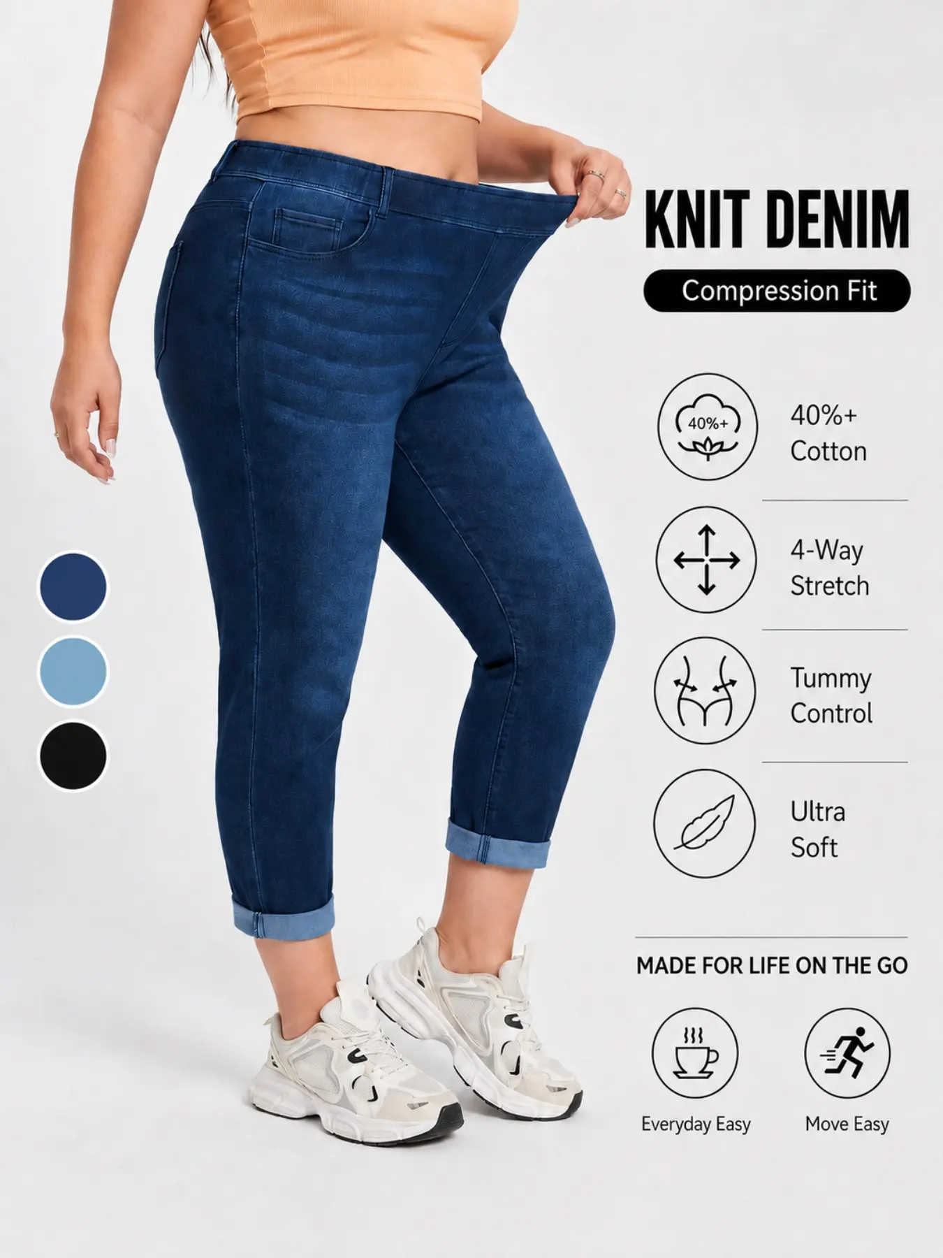 Plus Size High Waist Casual Design Jeans, Four-Way Stretch Deep Blue Rolled Hem, Comfortable Nine-Inch Elastic Denim, Casual Sporty Pants for Curvy Women, High Waisted Jean