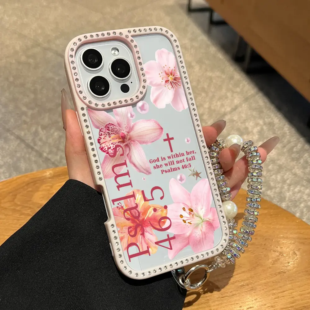 Psalms 46:5 Floral Lily Rhinestone Silicone Phone Case for Multi-Model iPhone Series (17Pro Max,Air,16Plus,15,14,13,12,11) - Double-sided Diamond-encrusted 3-in-1 Design, Crystal Edge, Pearl Chain, Shockproof Protection, Girls' Gift, JL97 Accessory