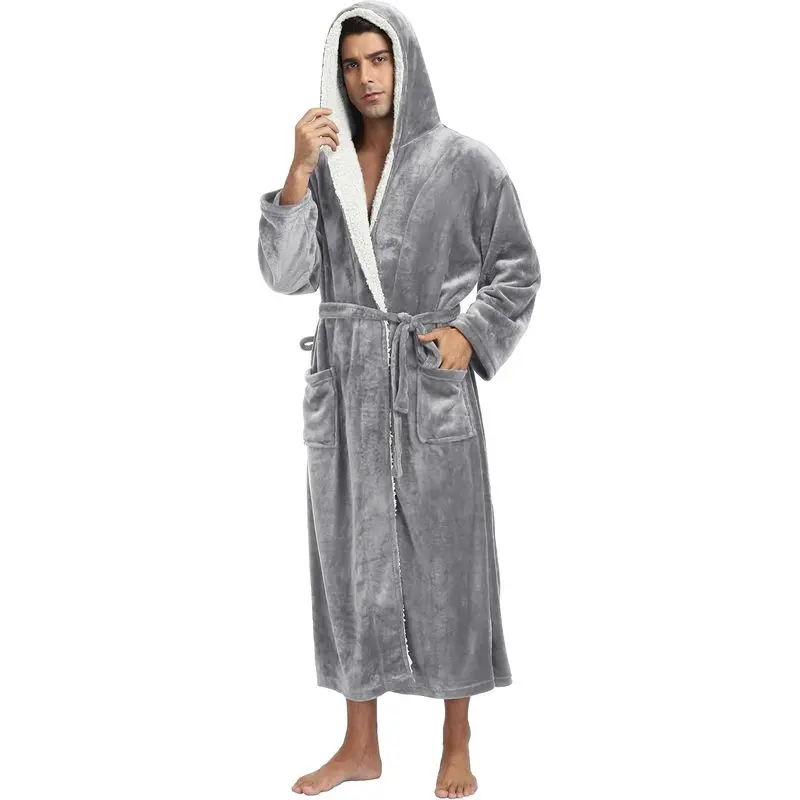 Men’s Plush Flannel Hooded Robe| Long Warm Fleece Bathrobe with Pockets for Home Lounging, Spa, After-Shower Comfort, Winter & Gifts for Him
