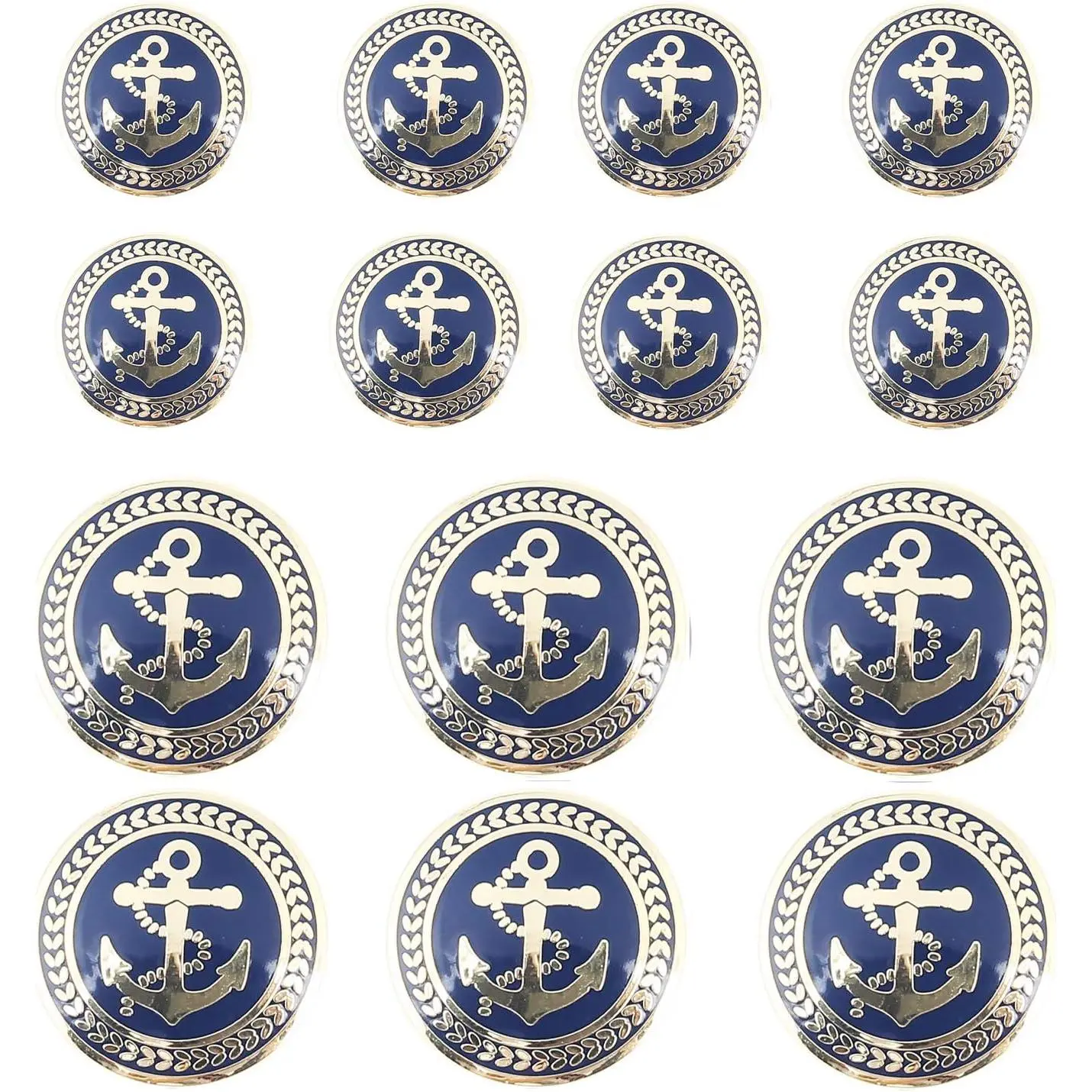 14 count  Golden Blue Metal Blazer Button Set - Naval Anchor - for Blazer,  Coat, Uniform(15MM 20MM)(0.59in-0.79in)