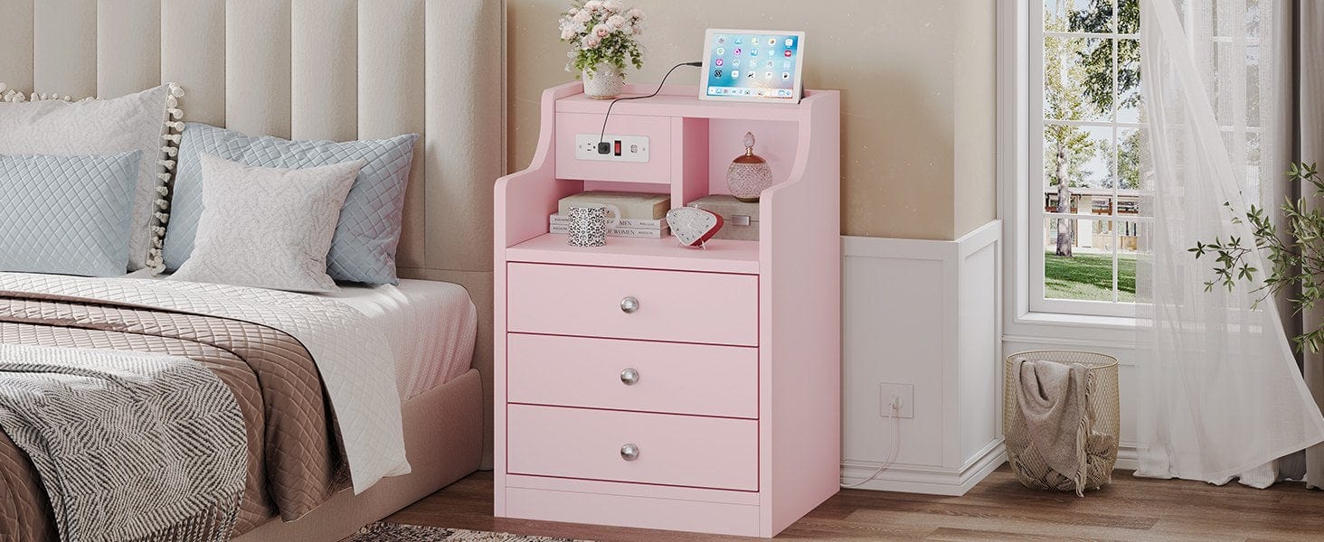 Sikaic Nightstand with 3 Drawers Charging Station Pink Bedside Cabinet Makeup Dressing Desk Bedroom Table Modern Accent Tables