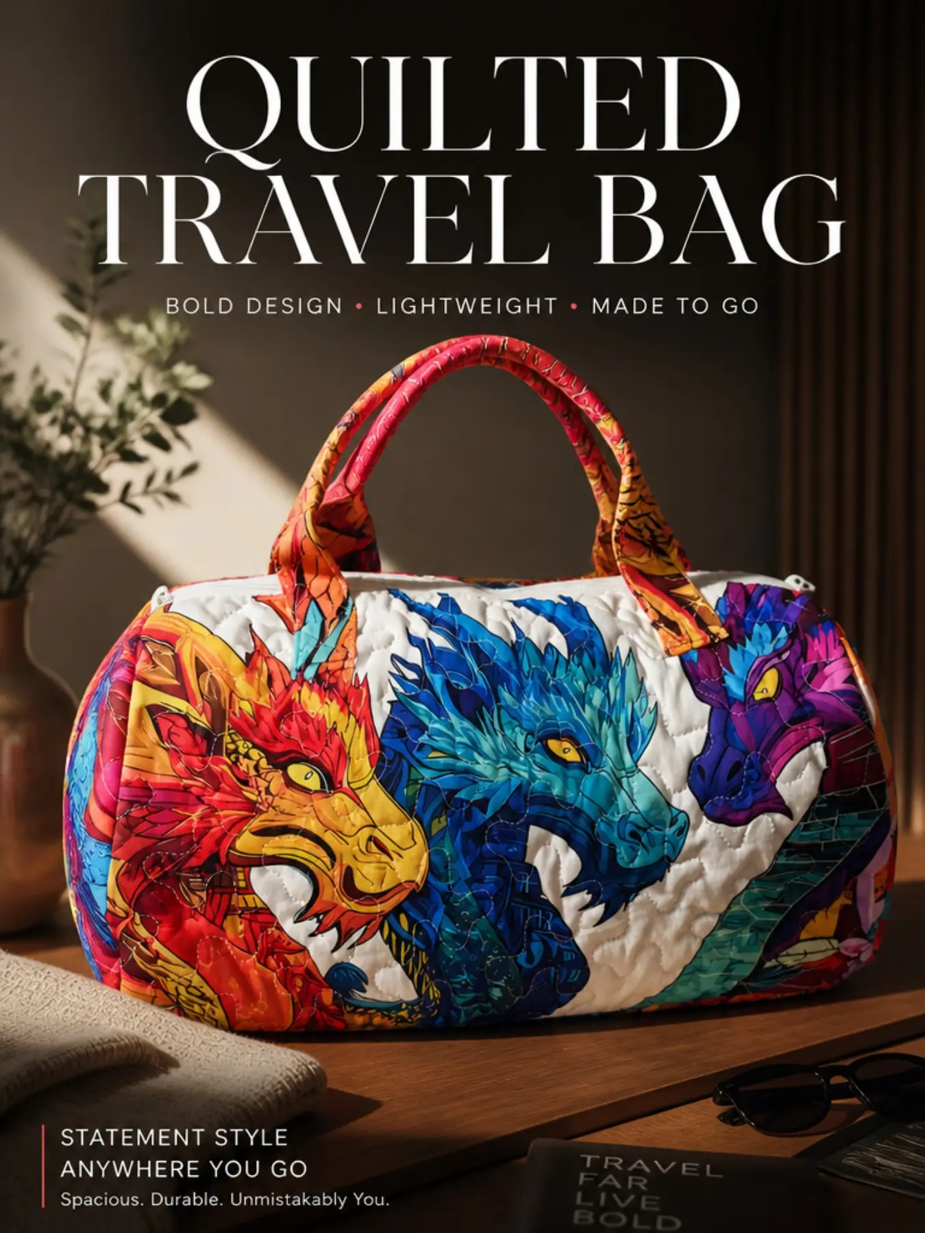 Witch Evil Dragon Print Quilted Handbag, Large Capacity Soft Quilted Weekend Travel Bag, Lightweight Overnight Fitness Luggage, Outdoor Trip Backpack