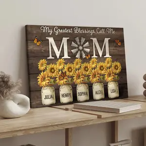 1 Count wood frame canvas, sunflower and children's name of the mother's love theme poster, fashion family poster, exquisite bedroom mural, modern art decoration, suitable for corridor wall decoration, ideal gift, waterproof, printing