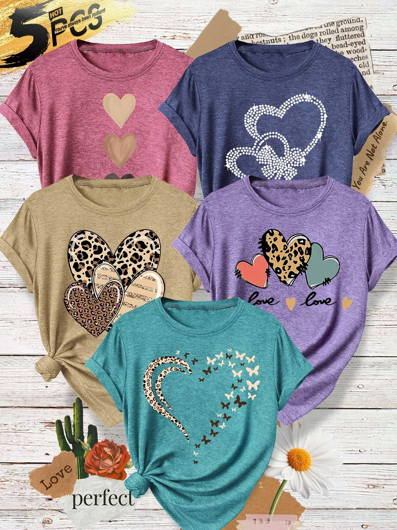 Five-Piece Women's Round Neck T-Shirts, Leopard Print Rhinestone Butterfly Heart Prints, Soft Fabric, Casual Fashion