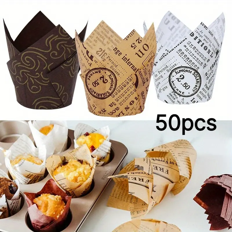 50pcs Newspaper Style Cupcake Liner Baking Cup For Wedding Party Caissettes Tulip Muffin Cupcake Paper Cup Oilproof Cake Wrapper