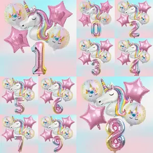 6pcs Unicorn Number Balloon Set, Large Unicorn Head, Flower Balls, Stars, Gradient Balloons, Party Decorations