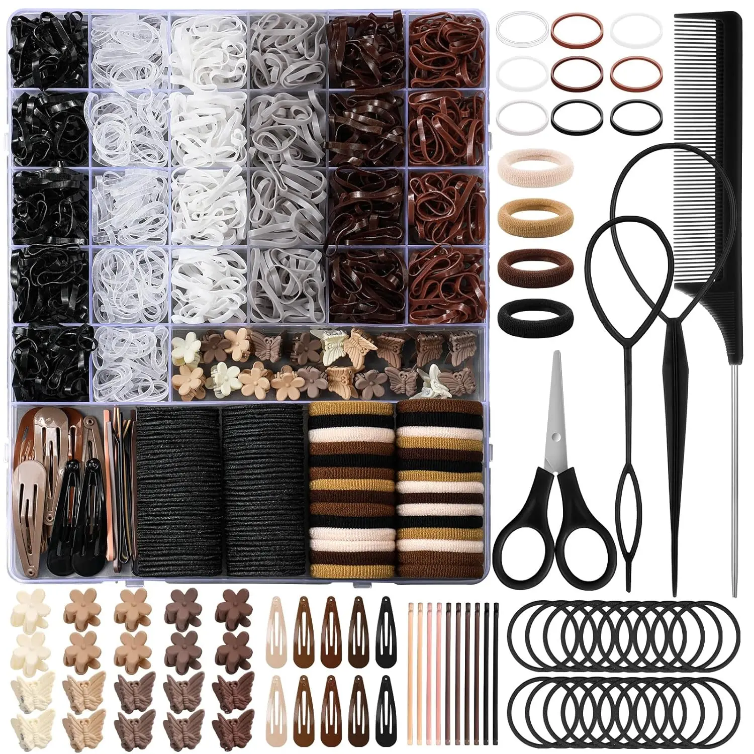 Brown Hair Accessories for Girls, 2194 Pcs Neutral Color Elastic Hair Ties Set with Rubber Bands Baby Hair Clips Bobby Pins Hair Styling Tools Hair Tie Cutter Hair Stuff for Toddler Kids
