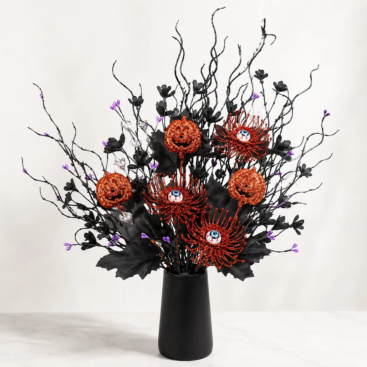 21.65in Halloween Decorative Branch Pick, Glitter Pumpkin & Eyeball Spider Artificial Floral Stem, Black Leaf Spray for Vase Arrangement, Table Centerpiece and Party Home Decor