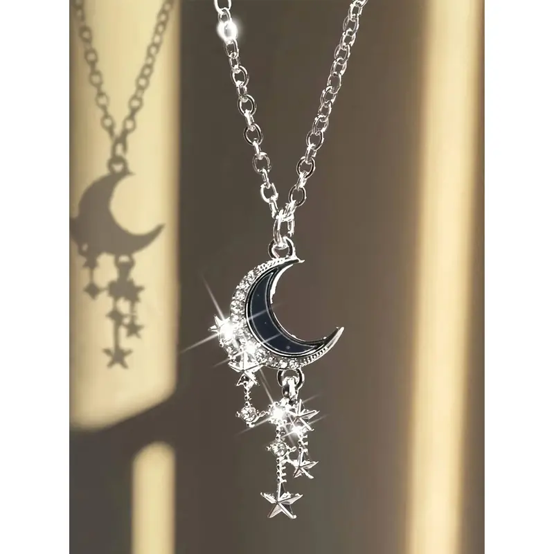Gothic Style Zircon Moon Pendant Necklace, Pendants Necklaces, Elegant Star Fringe Choker, Fashionable Jewelry Accessory, Perfect for Daily & Party Wear, Ideal Gift