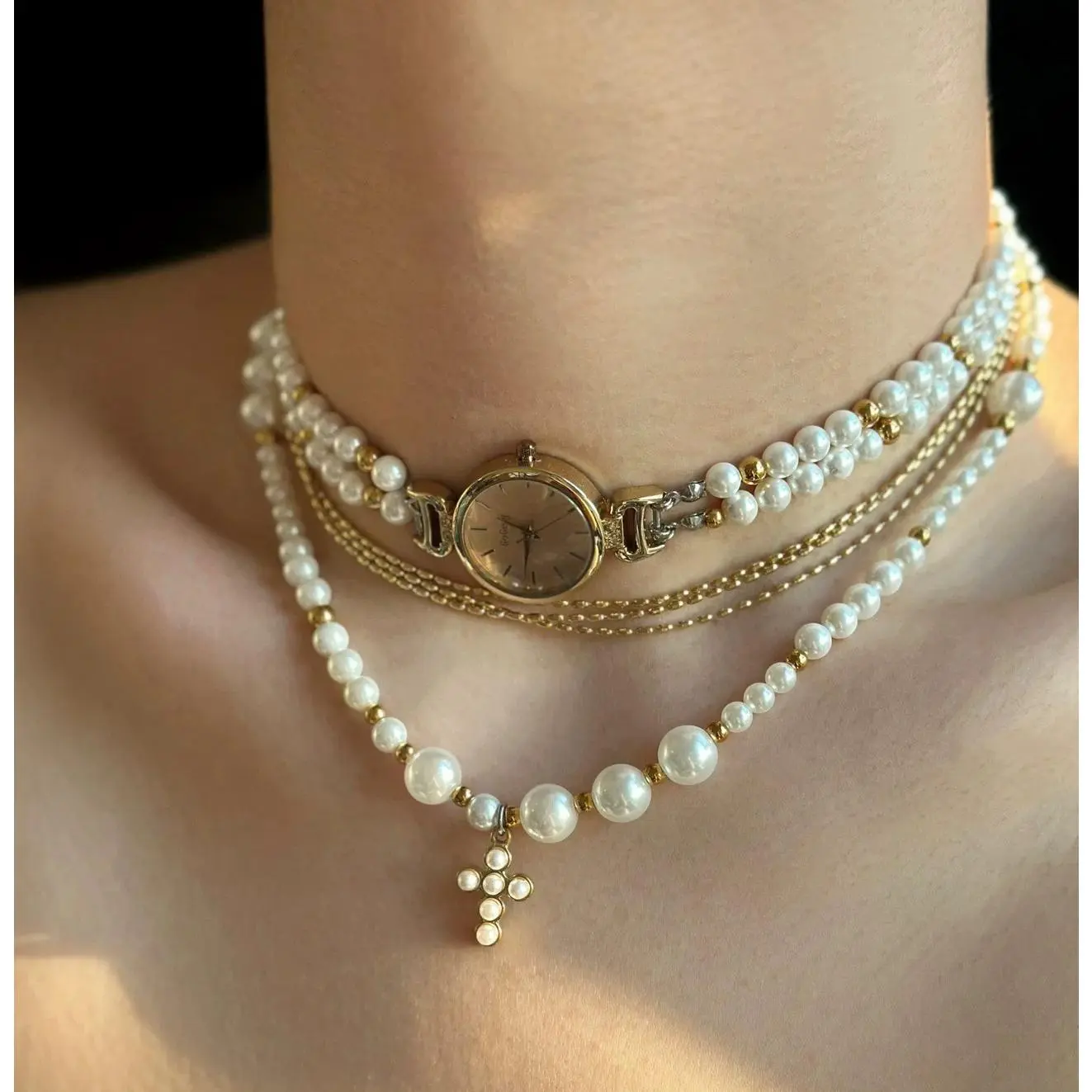 Antique Gold Handmade Vintage Mini Watch Dial Long Choker - Gradient Artificial Pearl Layered Collarbone Chain Jewelry Necklaces, Adjustable Extension Chain, Anti-Oxidation Metal Detailing, Elegant Romantic Punk Casual Daily Wear Accessory, Gold Plated Je