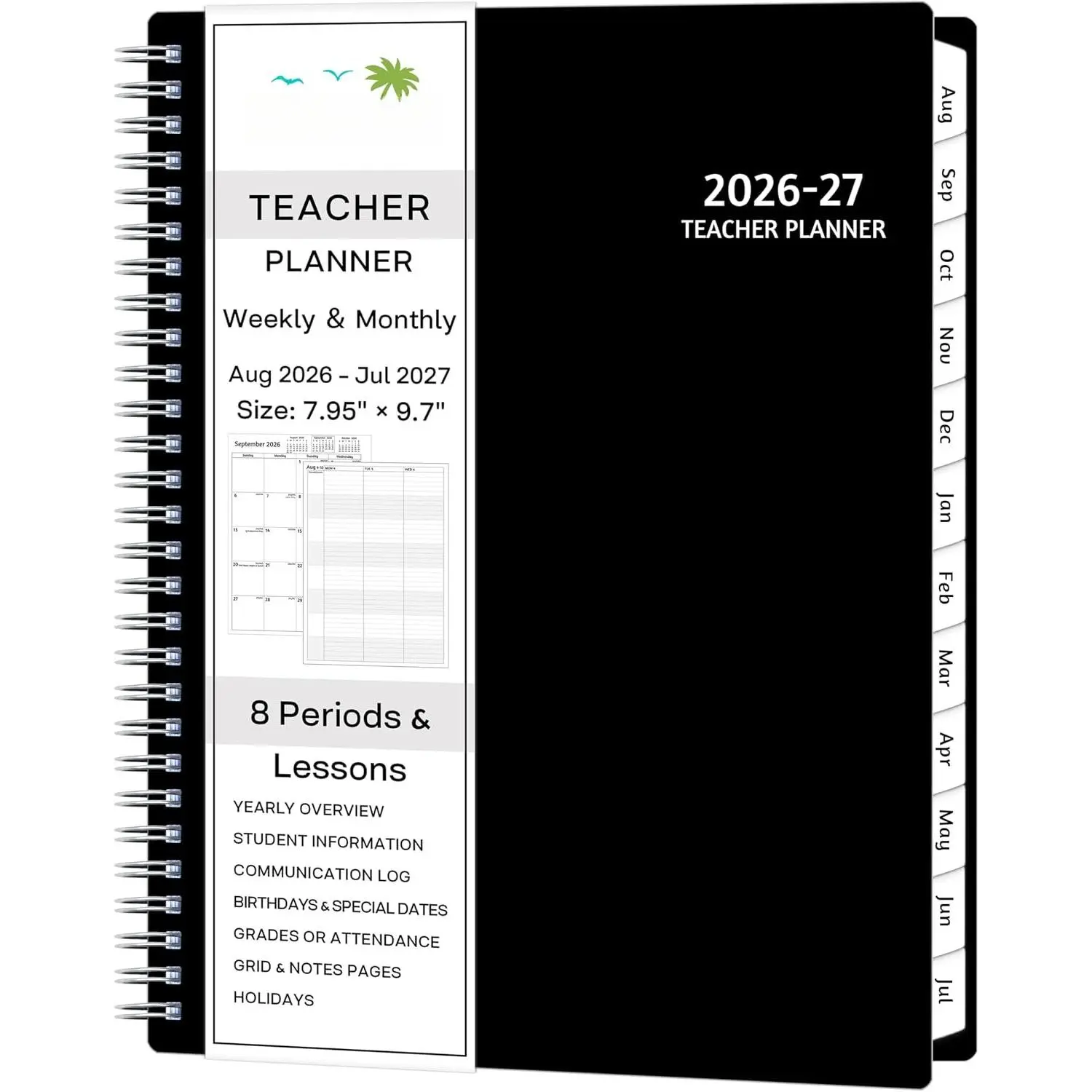 Teacher Planner 2026-2027, AUG. 2026 – JUL. 2027, Lesson Planner 2026-2027 Academic Year, with Tabs, Thick Paper, 2-Sided Pocket, 8’’ x 10’’ Daily Weekly and Monthly Calendar with 8 Periods