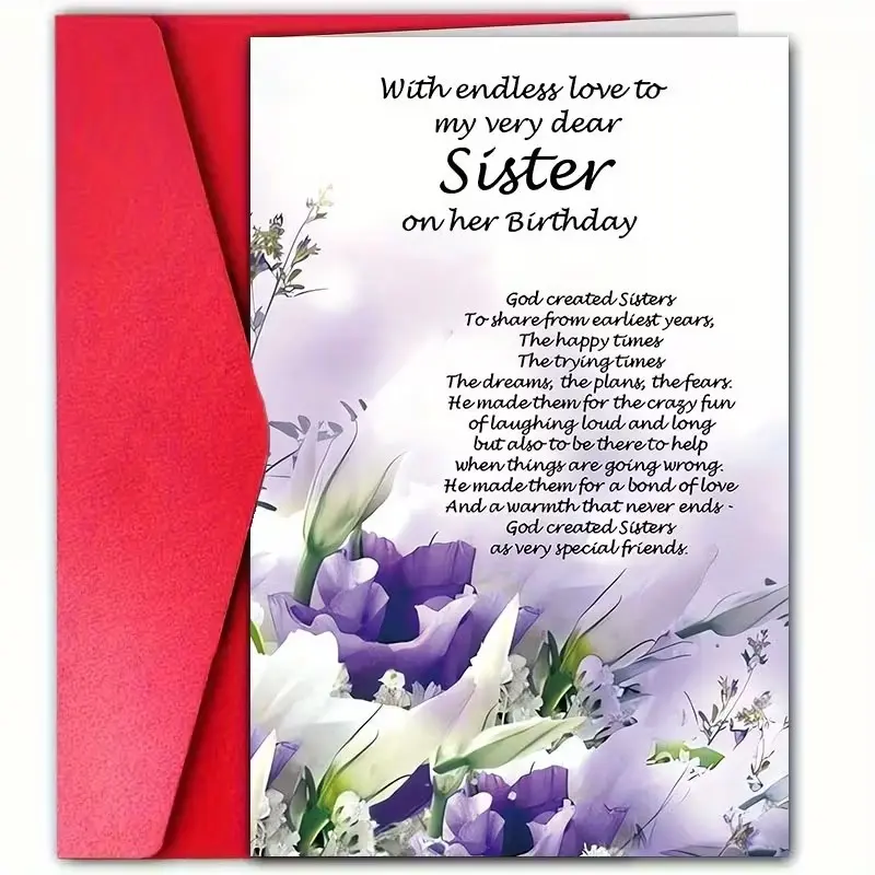Elegant Floral Sister Birthday Card with Envelope, Heartfelt Poem for Sisters, Perfect Gift for Sister Celebrations, Female Birthday Greeting Card