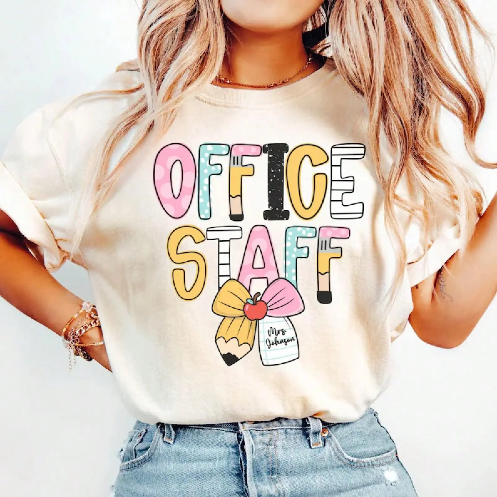 Women's Loose Shortsleeve Cotton Fabric Fit Personalized Office Staff Tee - School Admin Squad Gift, Administrative Assistant Top, Sexy