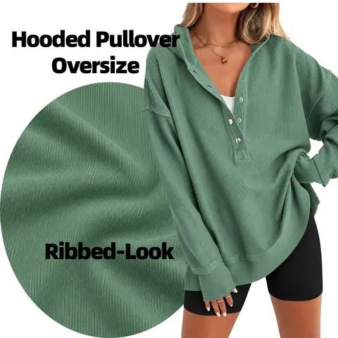 Pullover Hoodie Oversized Lightweight Women's Ribbed Knit V-Neck Button-Up Long-Sleeve Pullover Hoodie - Fall Winter Solid Color Drop Shoulder Slouchy Casual Cozy Jumper, Minimalist Y2K Streetwear Women's Tops Lounge Top