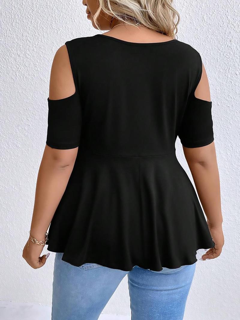 【Plus Size】 Cold Shoulder Tee, Casual Asymmetrical Hem Short Sleeve T-shirt for Summer, Women's Plus Clothing for Daily Wear