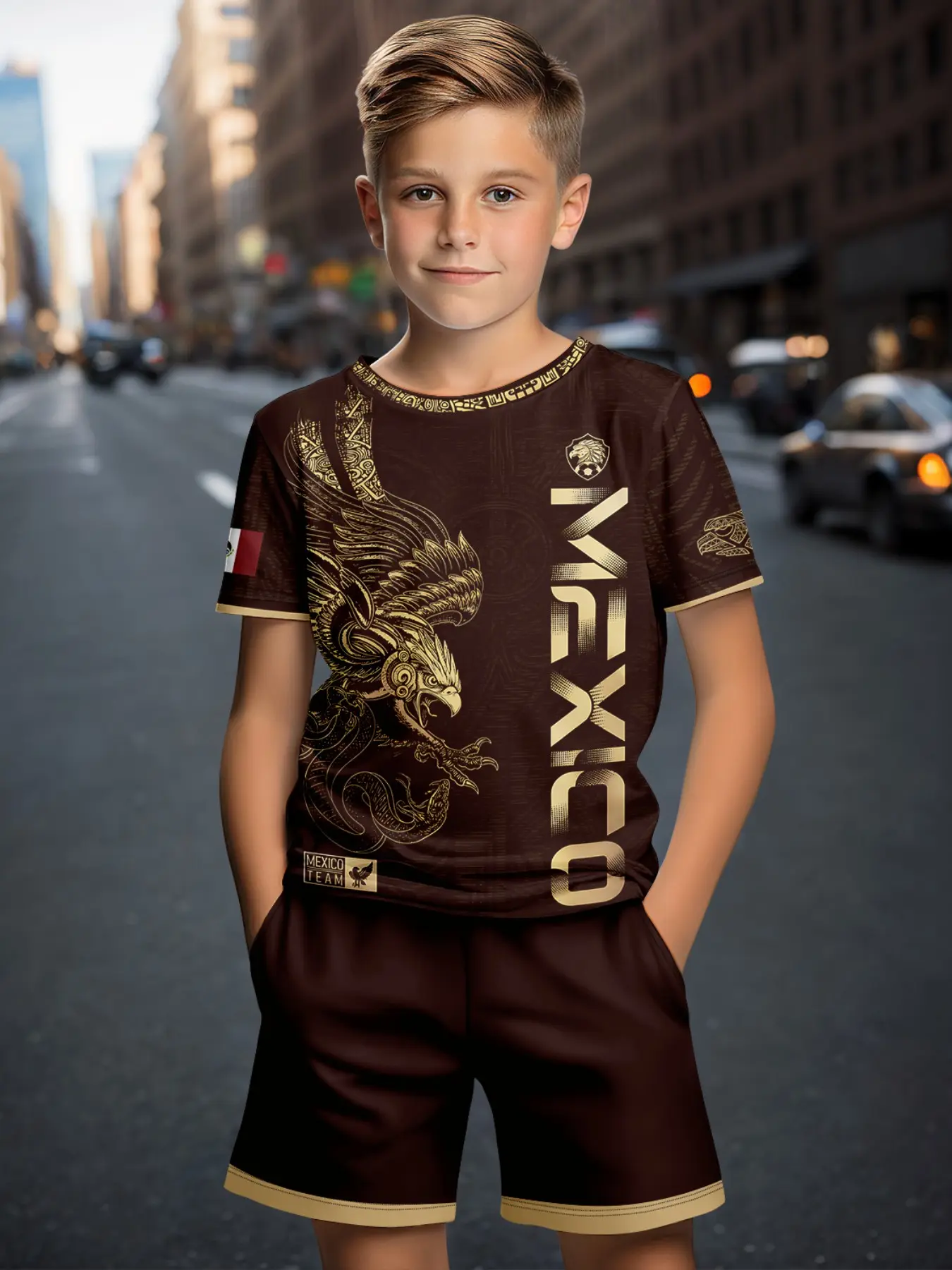 Mexican Eagle Theme Kids Short Sleeve Set, Gold Trendy Two-Piece, Casual Slim-Fitting Graphic Print Set Design for Children, Summer Clothing Set, Outfits Set