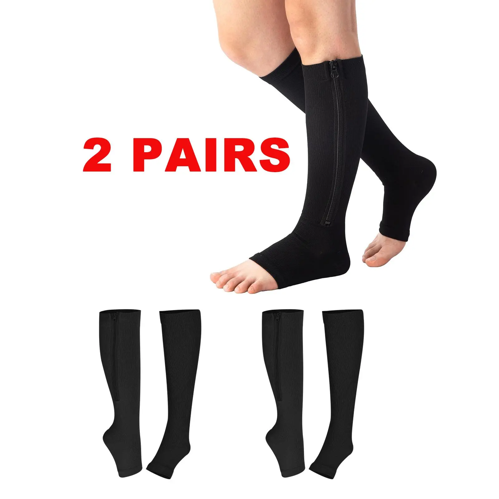 2 Pairs Zipper Knee High Toeless Compression Socks Nylon Calf Support Stockings Unisex Black Skin Tone Open Toe Compression Sleeves Easy On Off Sport Leg Socks