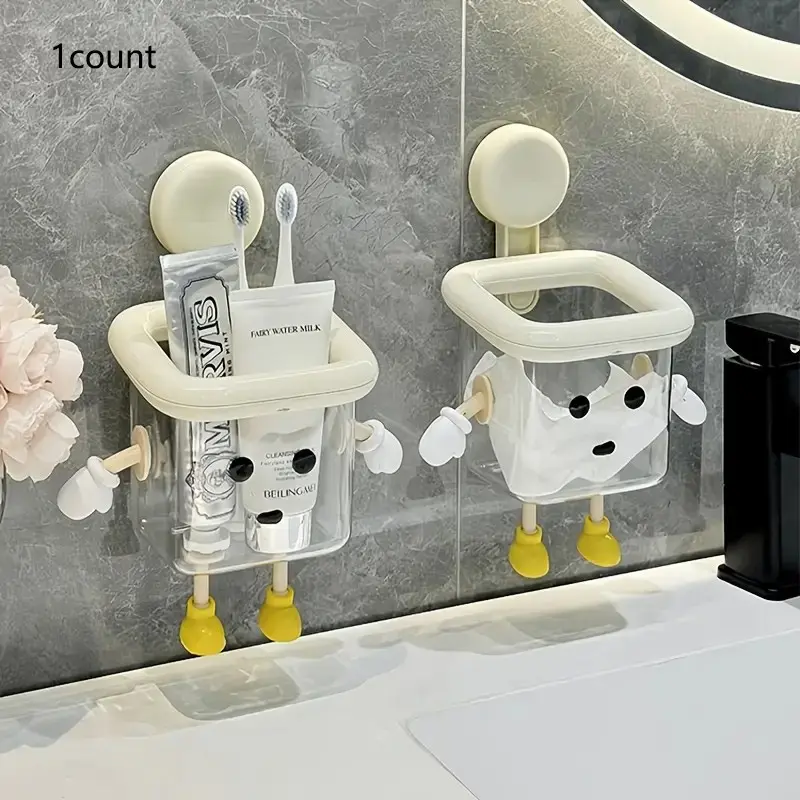 No Drill Wall Mount DIY Toothbrush Holder, Suction Cup Bathroom Storage Organizer, Transparent Toothpaste Box, Decorative Parts Included