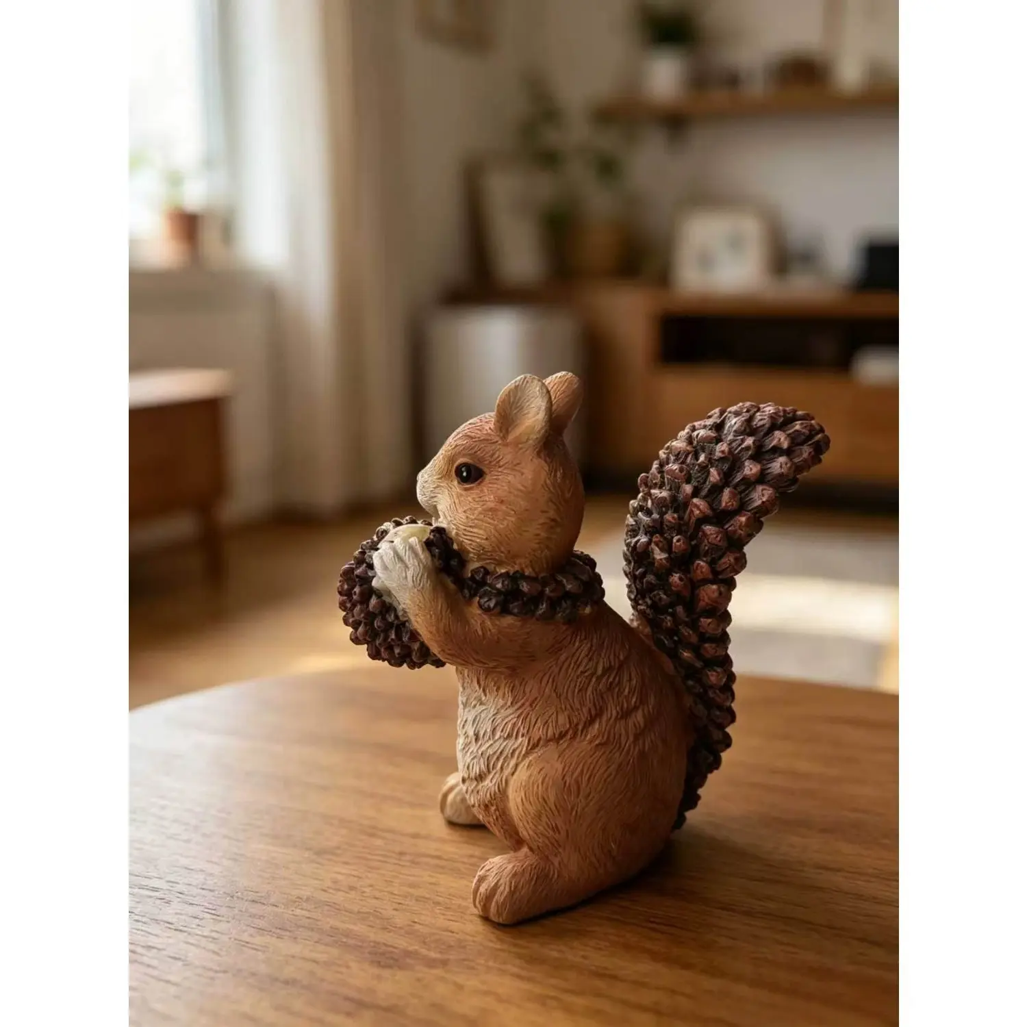 Rustic Natural Style Squirrel Sculpture with Detailed Pine Cone Tail Forest Animal Tabletop Decor, Perfect Desk Companion Zen Garden Accent Shelf Decoration, Ideal Holiday Birthday Gift for Home Lovers