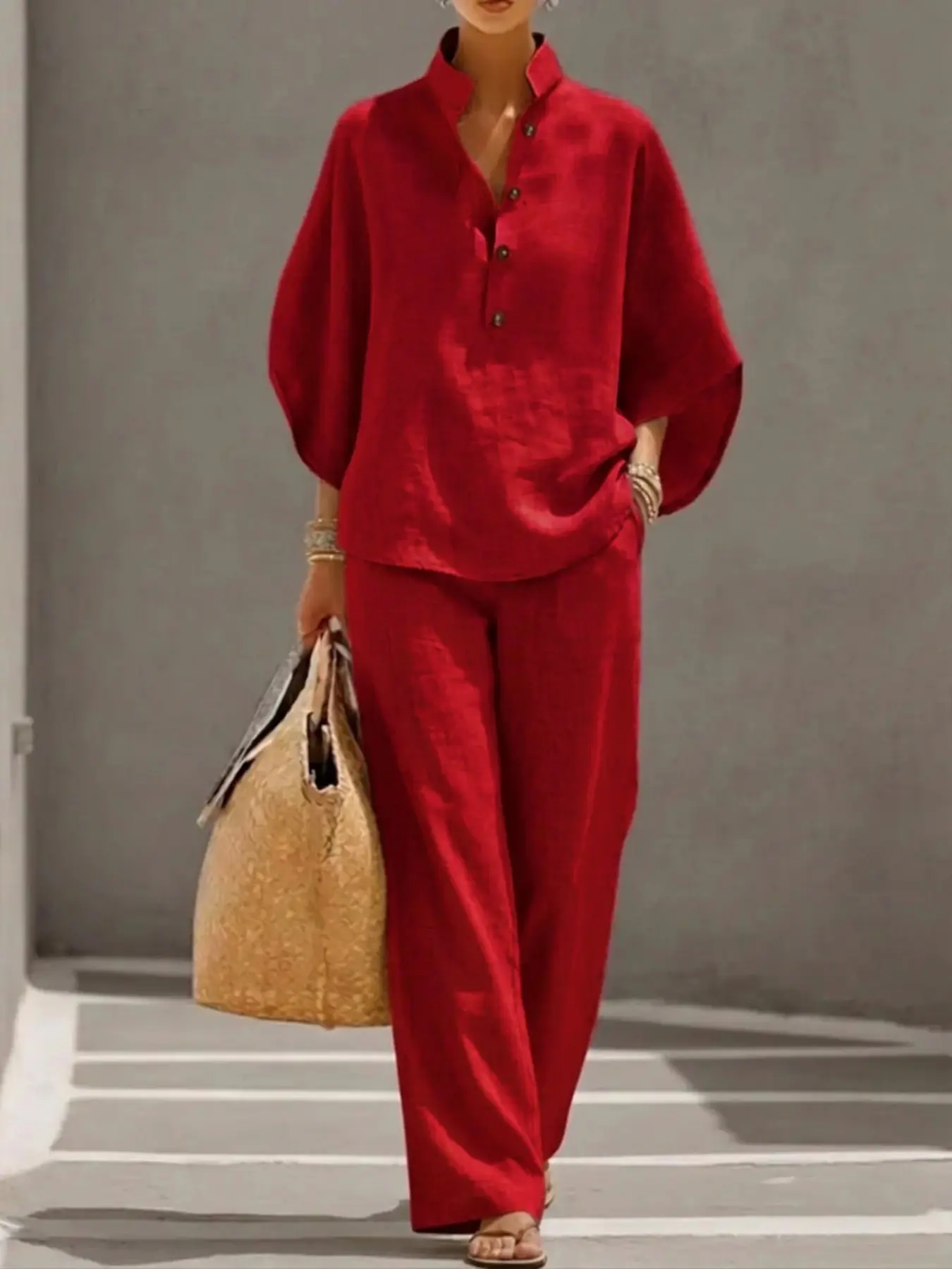 1 Set Women Solid Color Loose Outfit, Button V-Neck Drop Shoulder Top & Casual Pocket Straight Leg Pants