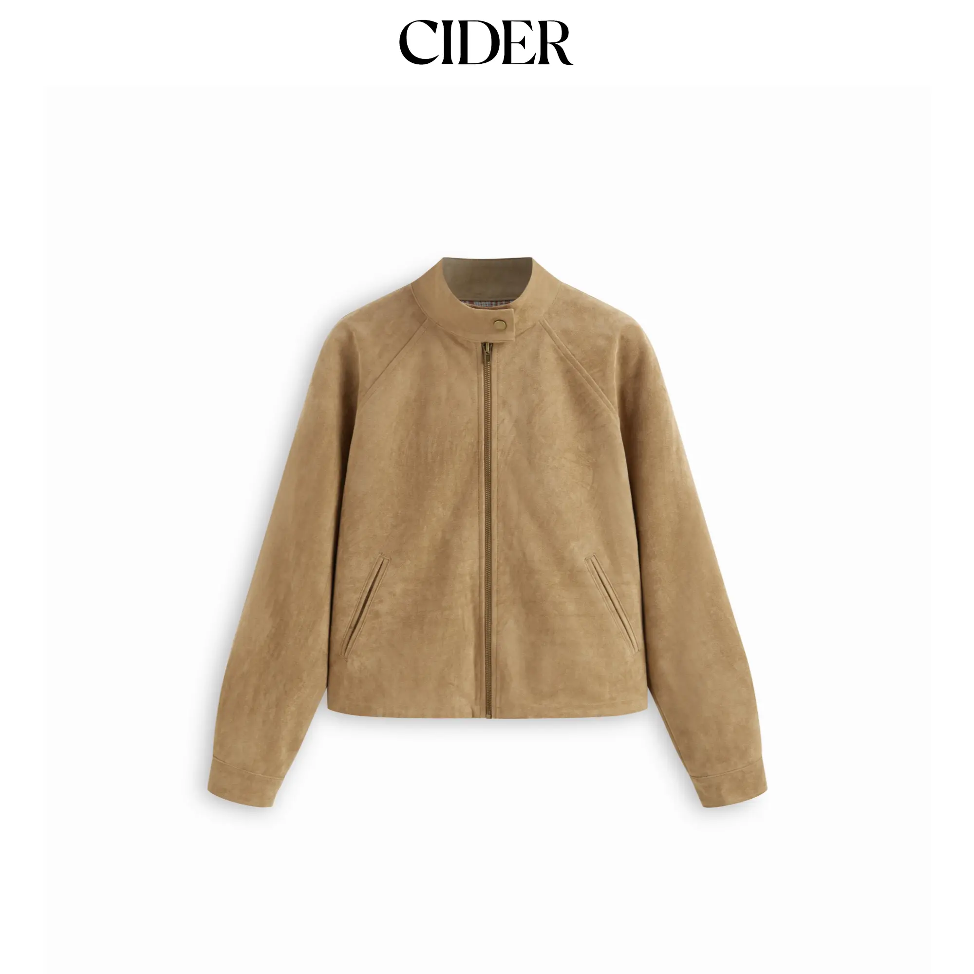Cider Suede Stand Collar Long Sleeve Zip Through Oversized Jacket SummerFinds