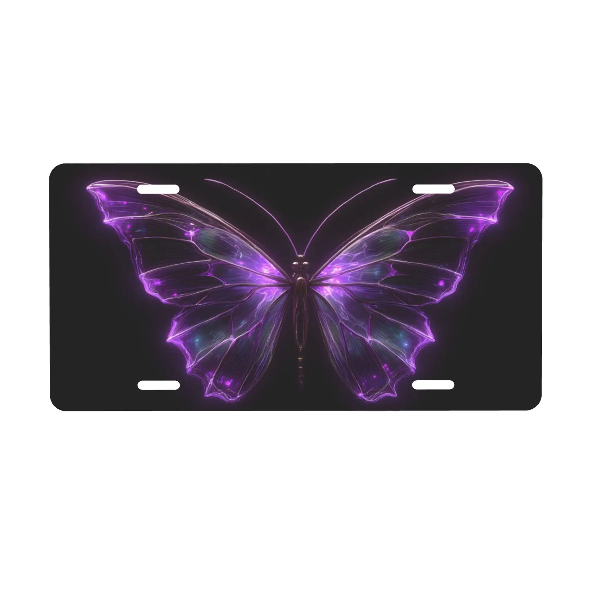 Purple Glowing Butterfly License Plate, Decorative Front License Plate for Cars, Aluminum-Made in USA Novelty Vanity License Plate, Metal Car Plate 6 x 12 in, Made in USA (4 Holes) for Men & Women