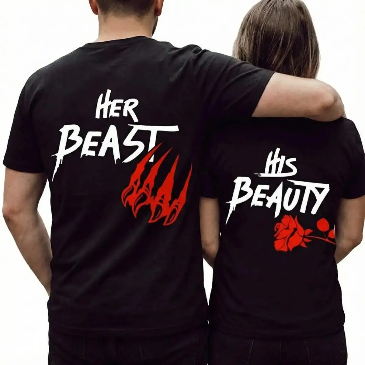 Women's Her Beast His Beauty Shortleeve Cotton Graphic T-shirt, Men's Matching Casual Wear, Soft Clothes for Women's Clothes, Ideal Valentine's Day Anniversary Gifts, USA-Made Streetwear (1 Piece),summerwins,summeroutfits,vacationoutfits,beachoutfits