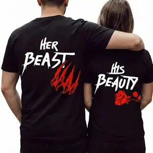 Women's Her Beast His Beauty Shortleeve Cotton Graphic T-shirt, Men's Matching Casual Wear, Soft Clothes for Women's Clothes, Ideal Valentine's Day Anniversary Gifts, USA-Made Streetwear (1 Piece),summerwins,summeroutfits,vacationoutfits,beachoutfits