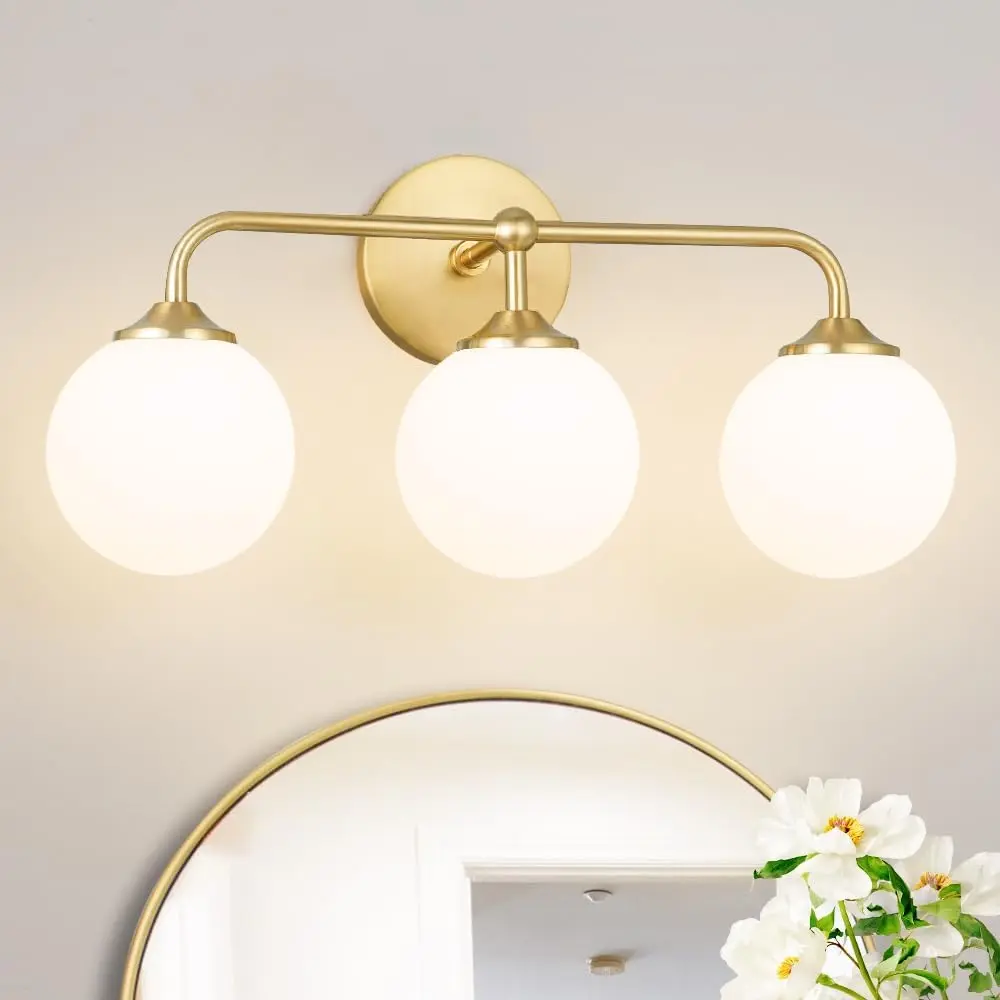 Modern Brushed Gold 3-Light Vanity Light Fixture with Metal Frame, Milky White Glass Ball Shades & 3 LED G9 Bulbs, Mid-Century Brass Wall Sconce for Bathroom Mirrors, 18.9in Closet/Beds/Dressing Table Home Lighting, Led Bulbs