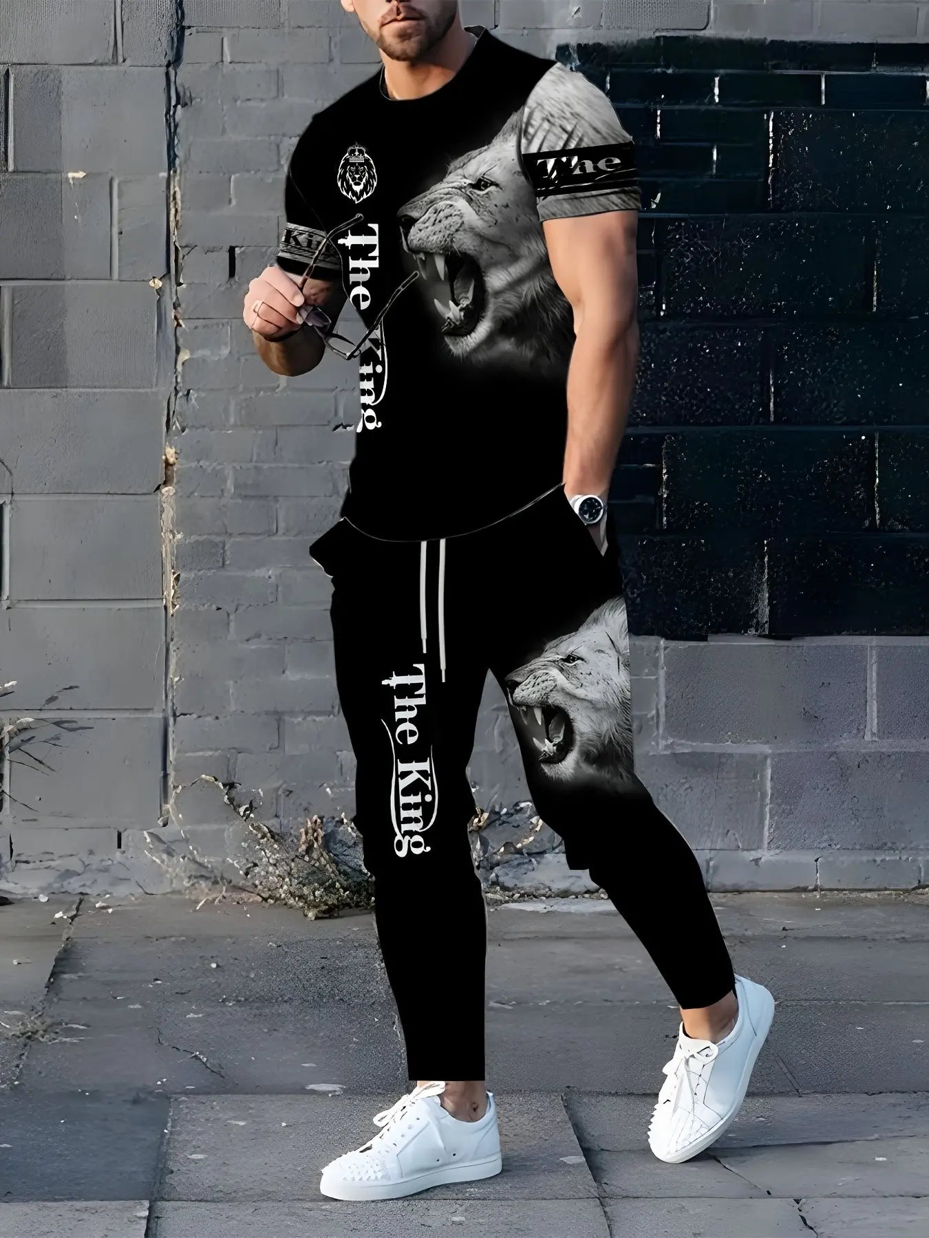 Men 2 Piece Outfit Sets Wild Lion Head Graphic Short Sleeve Crew Neck Tee & Drawstring Waist Jogger Pants Soft Breathable Casual Tracksuit For Street Walking Outdoor Daily Fashion Loungewear.