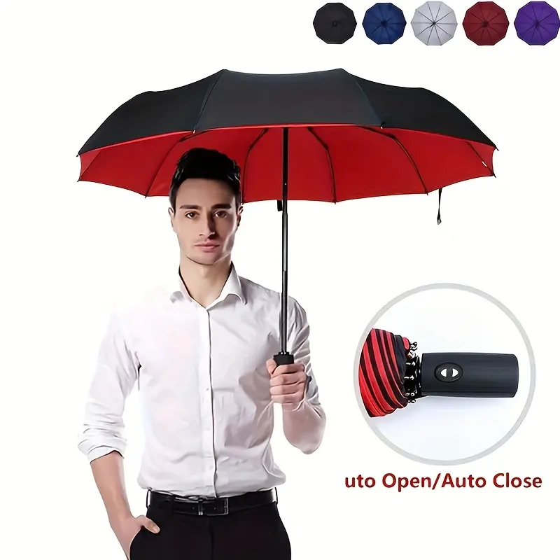 Unisex Automatic Open-Close 10-Rib Windproof Umbrella - Heavy-Duty Reinforced Frame, 70% off Compact Design, Black with Red Accents, Suitable for Business and Daily Use, Heavy-Duty Windproof Umbrella, Outdoor Umbrella, Fashionable Umbrella