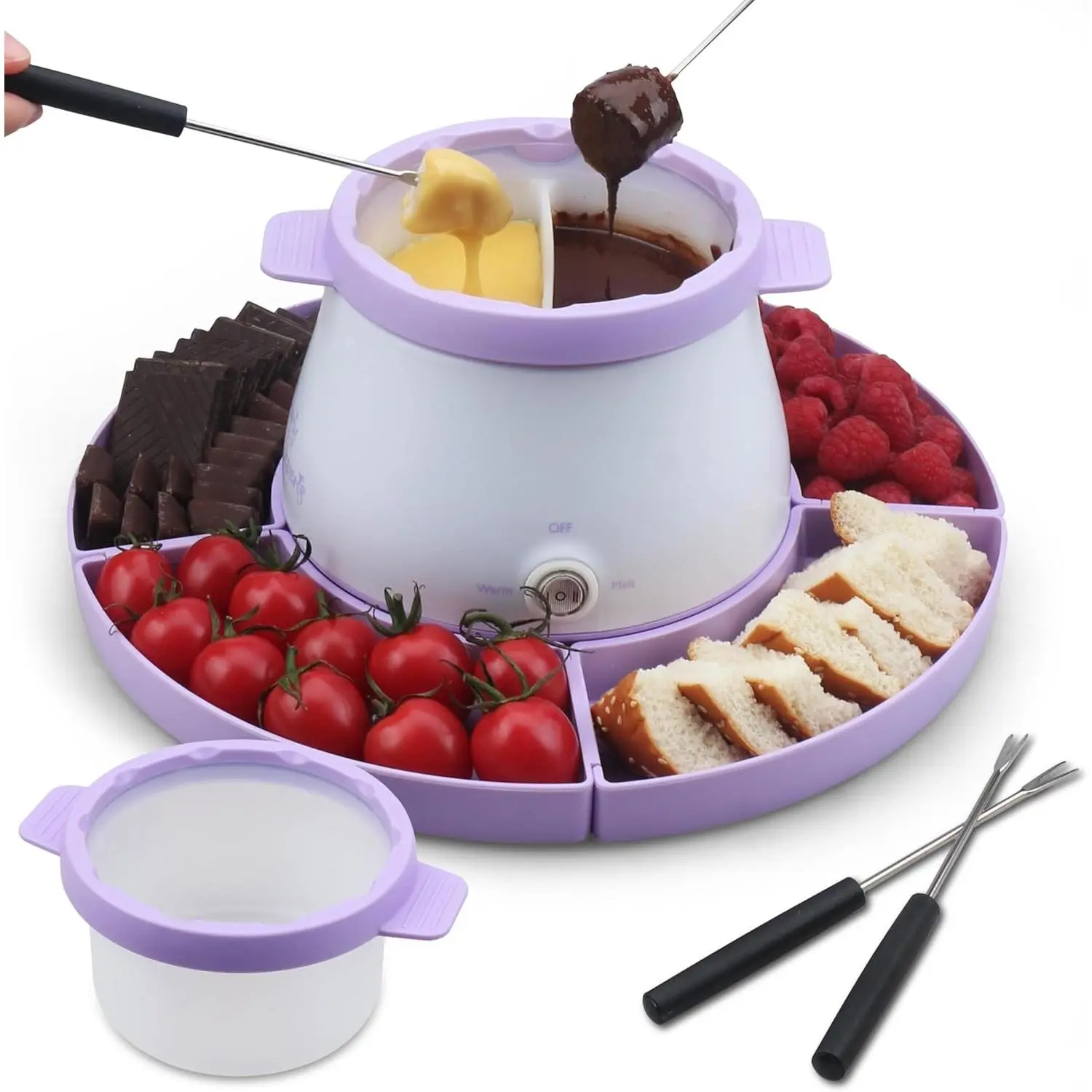 Party Desserts Electric Fondue Pot Set with 2 Pots, Melting Chocolate Warmer for Dipping, Candy & Chocolate Melting Pot, Fondue Pot Electric Set, Fondue Forks Included, 2.5 Cups, Lavender
