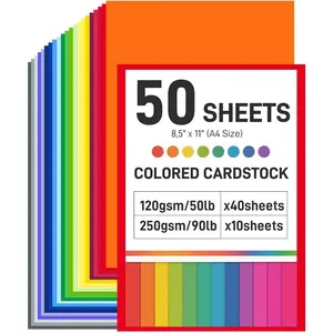 50 count Colored Paper, Including 40 Sheets 50lb/120gsm Construction paper & 10 Sheets 90lb/250gsm  Color Cardstock, for DIY Lover Crafts,  to School Supplies
