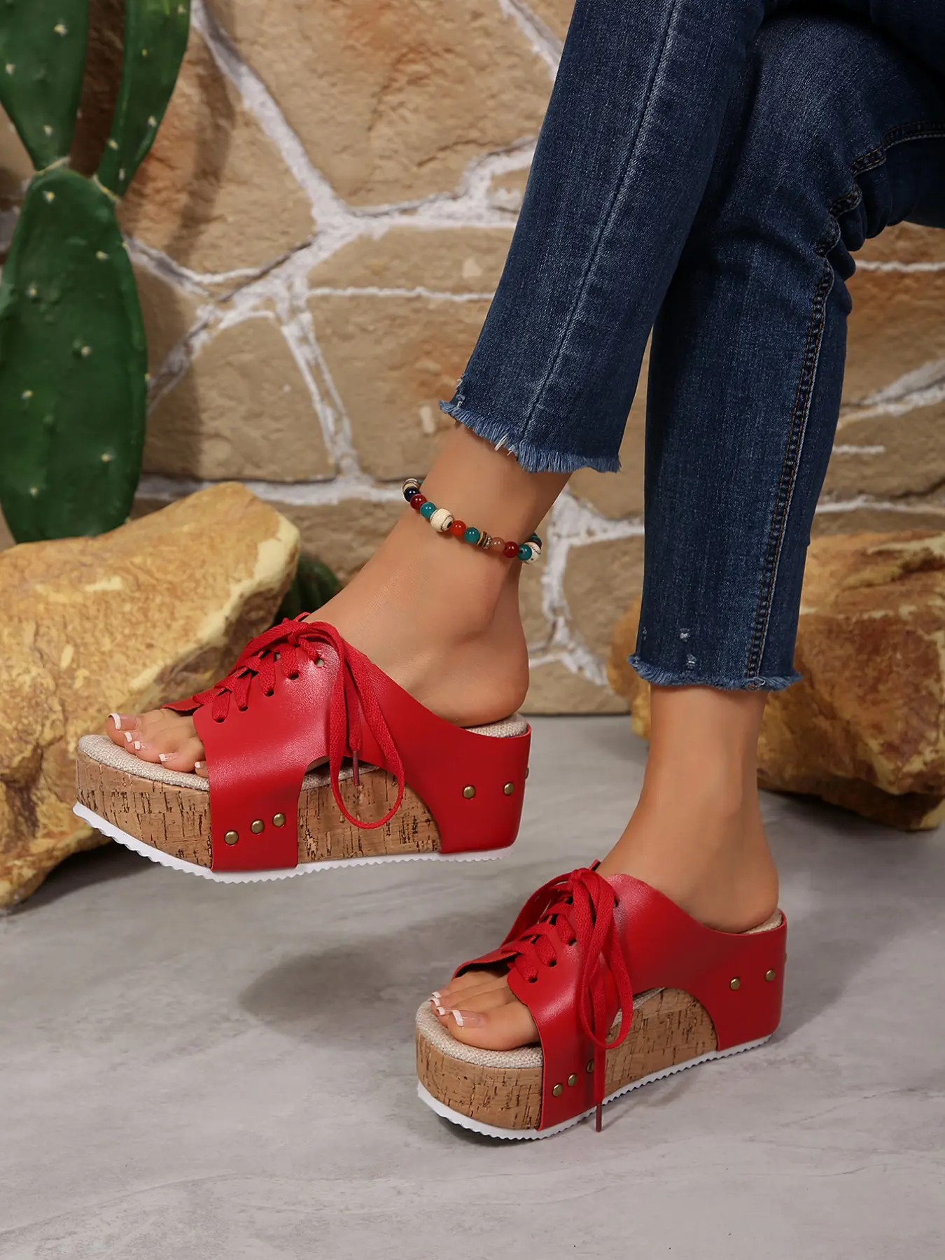 Strap Thick Sole Casual Wedge Sandals for Women, Rivet Cork Platform Shoes, Summer Open-Toe Waterproof Outdoor Slippers