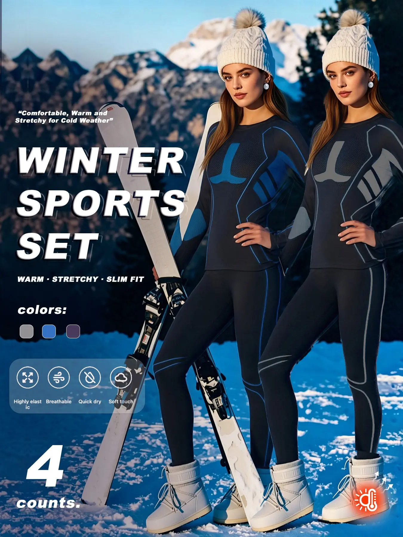 Women 4‑Colors Winter Thermal Ski Base Layer 2‑Piece Tracksuit, Slim Fit Stretchy Warm Long Sleeve Top & Leggings Set, Breathable Quick Dry Soft Underlayer Outfit for Snowboard Cold Weather Outdoor Sports Athleisure