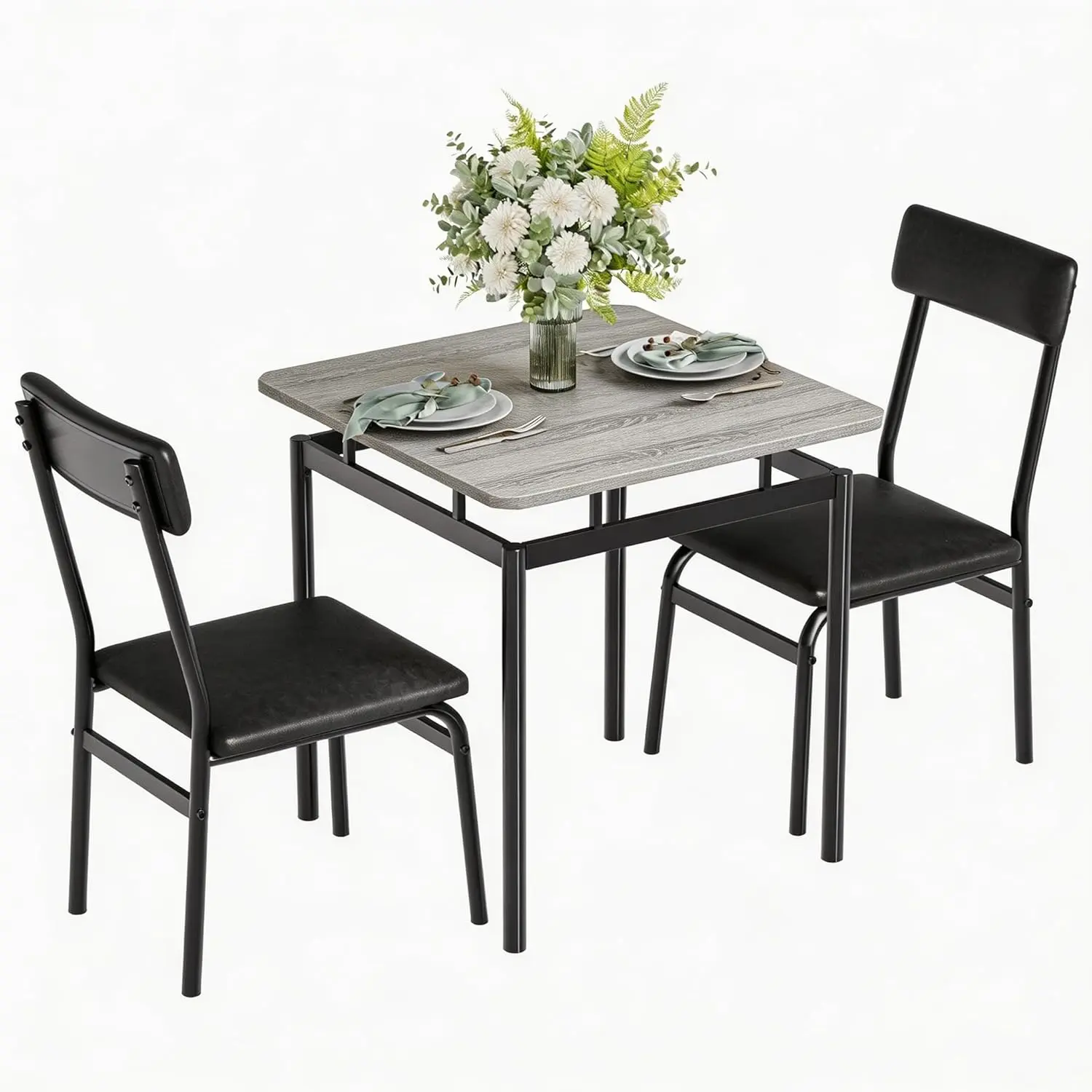 Modern 3-Piece Dining Table Set for 2 – Space-Saving Wooden Table & 2 Black PU Chairs – Industrial Metal Frame, Compact Design for Dining Room, Apartment, Kitchen, Small Spaces – Brown Wood Grain