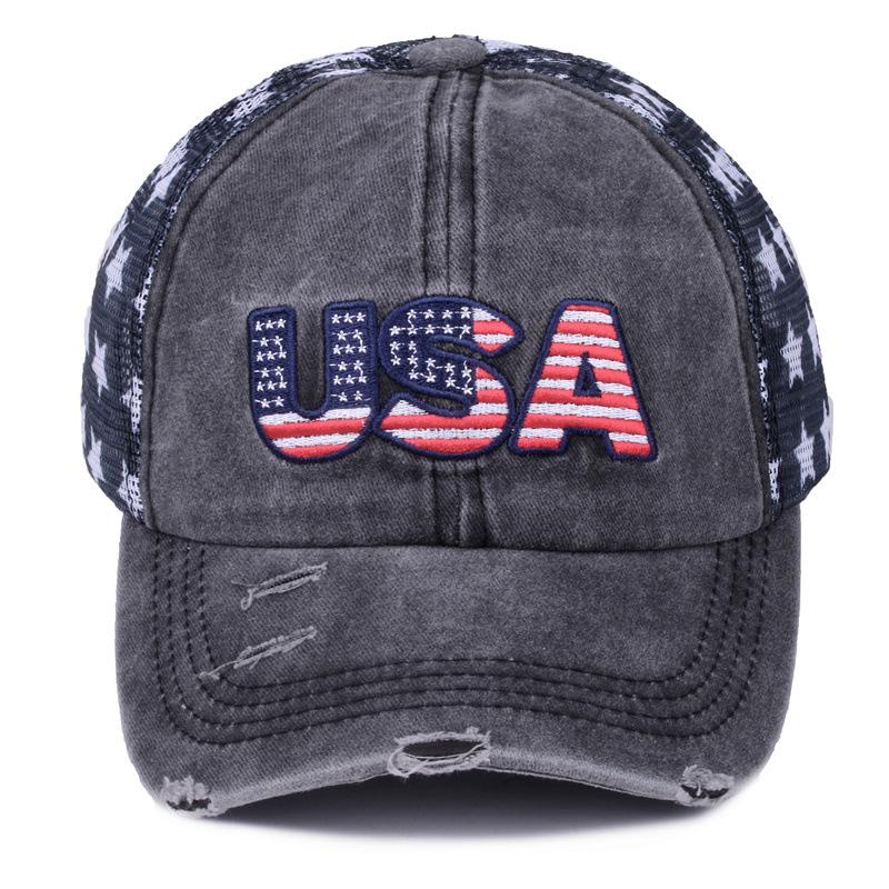 Washed cotton vintage baseball cap with embroidery, American flag embroidered cap, mesh cap, five-pointed star mesh cap