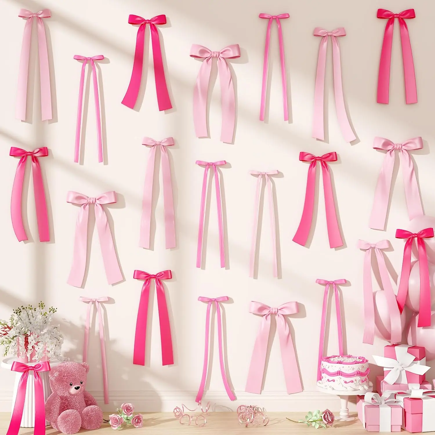Pink Bow Wall Decor, 40Pcs Pink Bow Birthday Decorations, DIY Ribbon Satin Bows Garland Photo Backdrop for Women Girls Coquette Wall Bachelorette Baby Bridal Shower Room Bedroom Wedding Party Decor