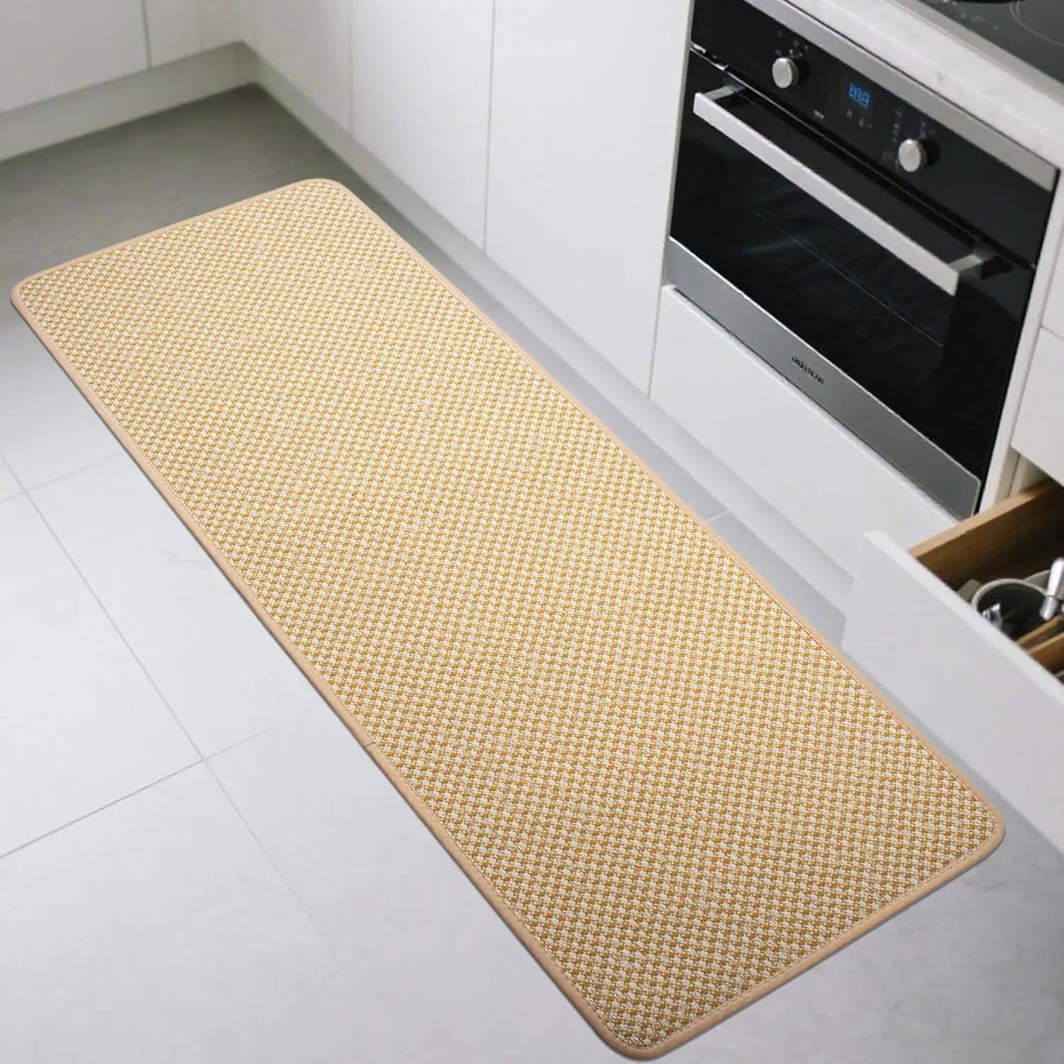 Long Kitchen Rug Non Slip Absorbent Braided Rubber Sink Mat Runner for Kitchen, Laundry, Hallway, Under Door Easy to Clean, 17 x  Inch, Yellow, Machine Washable