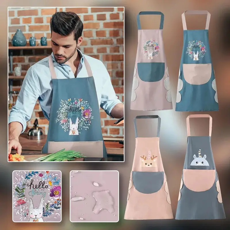 Canvas Apron Adjustable Neck Strap Kitchen Cafe Restaurant Bar Food Shop Waiter Bibs Wreath Rabbit Hanging Neck Apron
