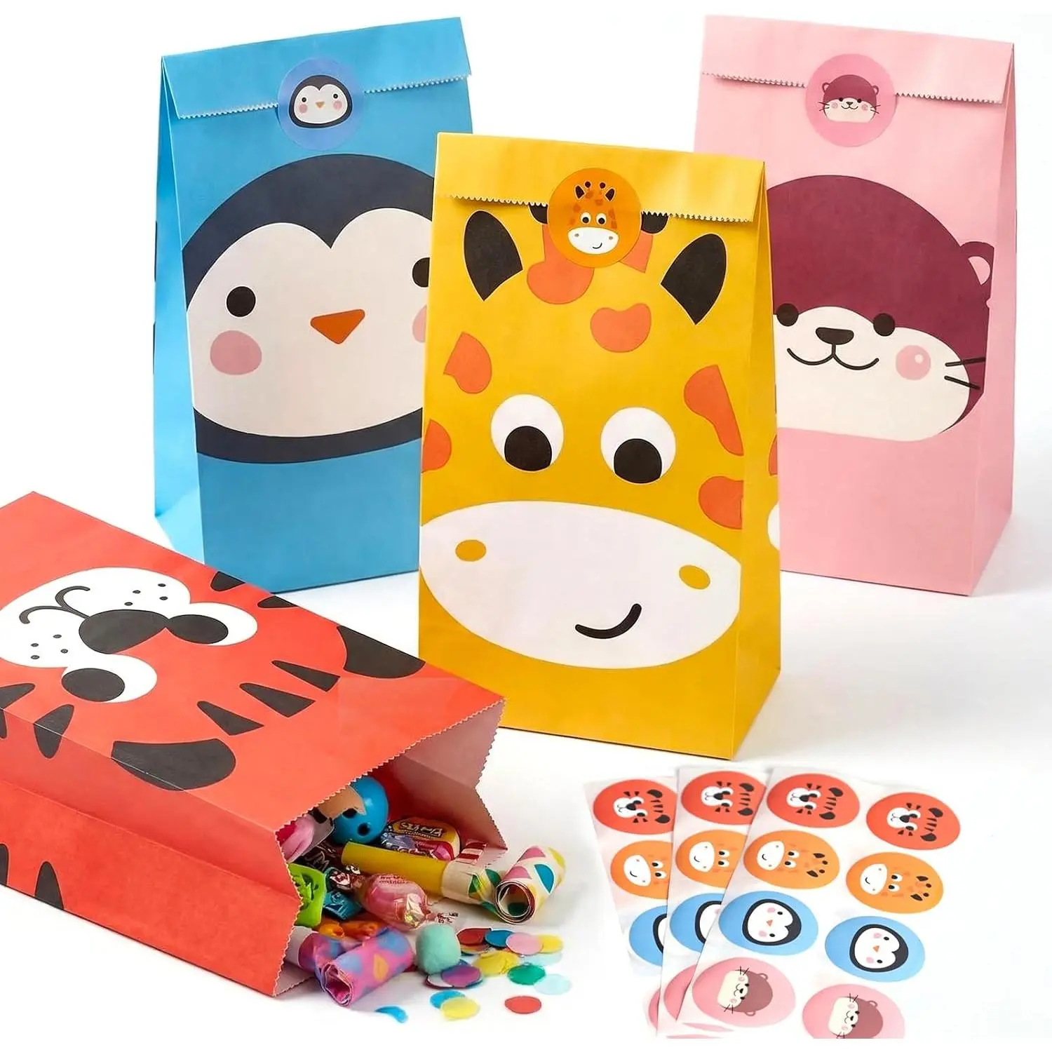 24 Pack Party Favor Bags with Stickers, 4.7"x 3.1"x 8.7"  Paper  Bags for  Birthdays Classroom Rewards Goodie  Supplies