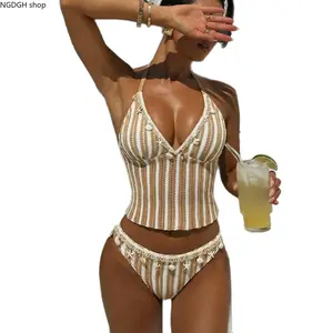 Crochet Striped Swim Set - Trendy Halter Two Piece Swimsuit for Women, Sexy High Waisted Cutout Beachwear, Flattering Summer Outfit for Vacation and Pool Party