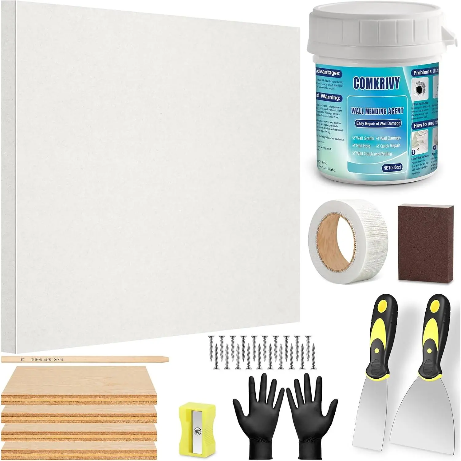 Repair Kit with 12"x12" Dry Wall Repair Panel, 3 Patch Kit Wall Patch Repair Kit with Spackle, Mesh Tape, & Sanding Block for Wall Surface Ceiling Large Hole Fill