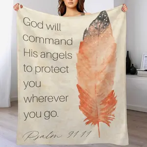 Psalm 91:11 Angel Protection Watercolor Feather Throw Blanket | God Will Protect You Soft Christian Flannel Blanket | Religious Faith Decor Blanket for Sofa Bed | Travel Birthday Blessing Gift